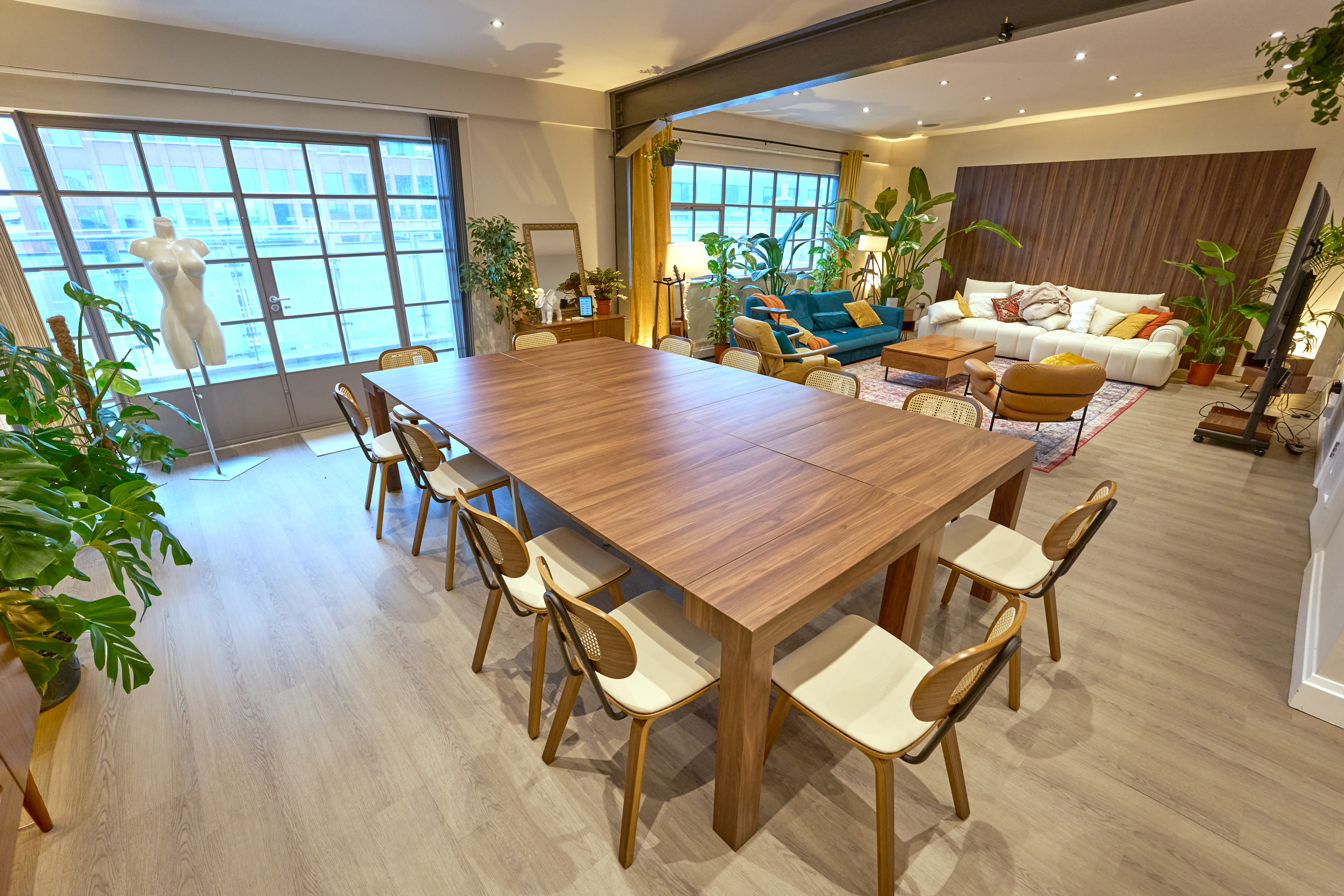 Walnut boarding-table configuration in the spacious open-plan penthouse, Old Street London