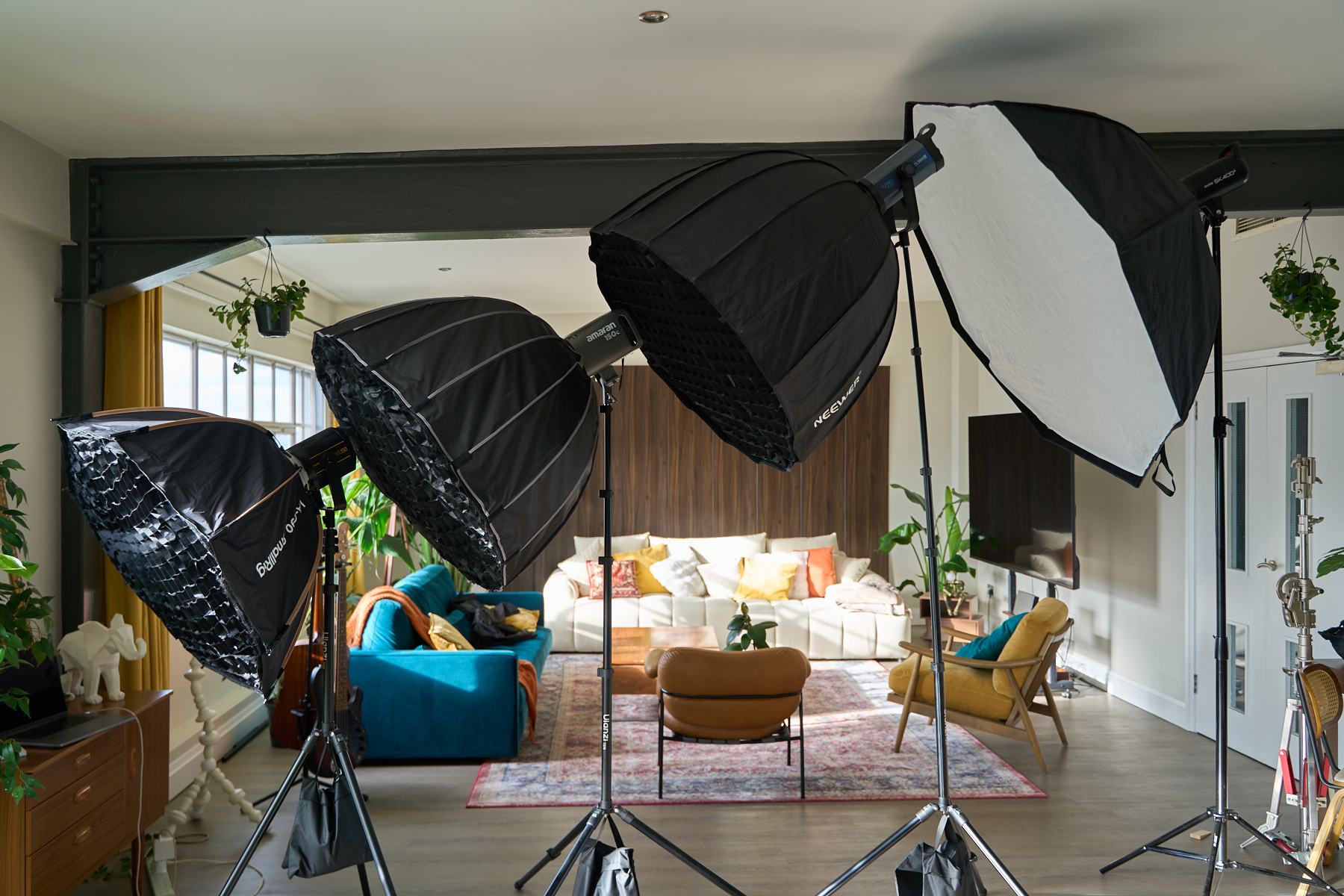Softbox kit with Bowens-mount modifiers available for photo and film shoots at The Designer's Penthouse