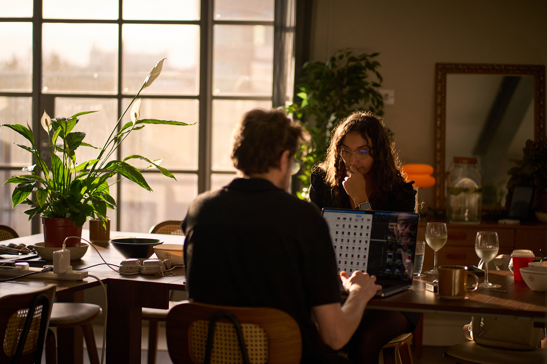 Coworking layout with tables and seating in the open-plan penthouse, Old Street London