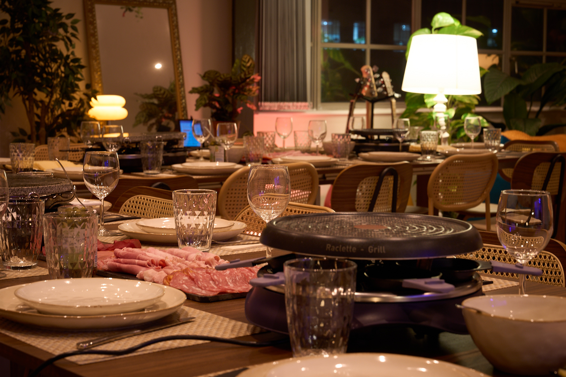 Close-up of dinner table setup, showing private event styling in the penthouse dining area