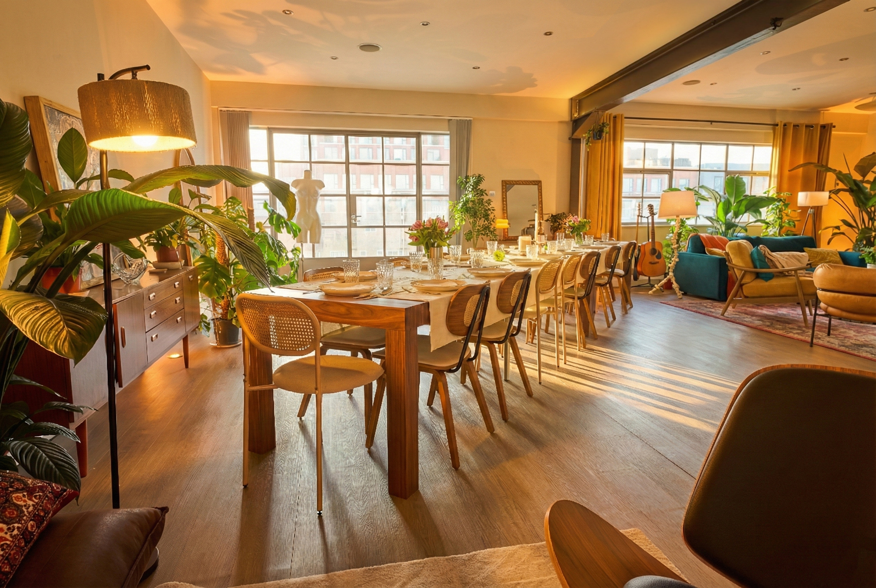 Dinner table setup for a group event, with a long table configuration in the penthouse dining area