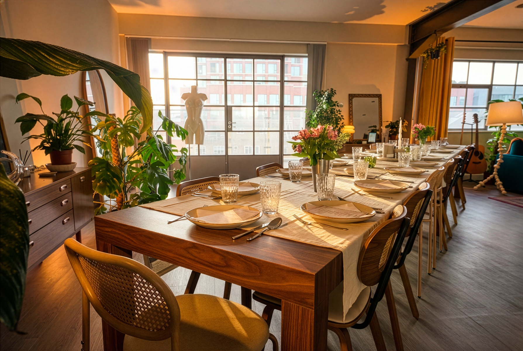 Styled dinner table in the penthouse, prepared for a private dining event in Shoreditch London