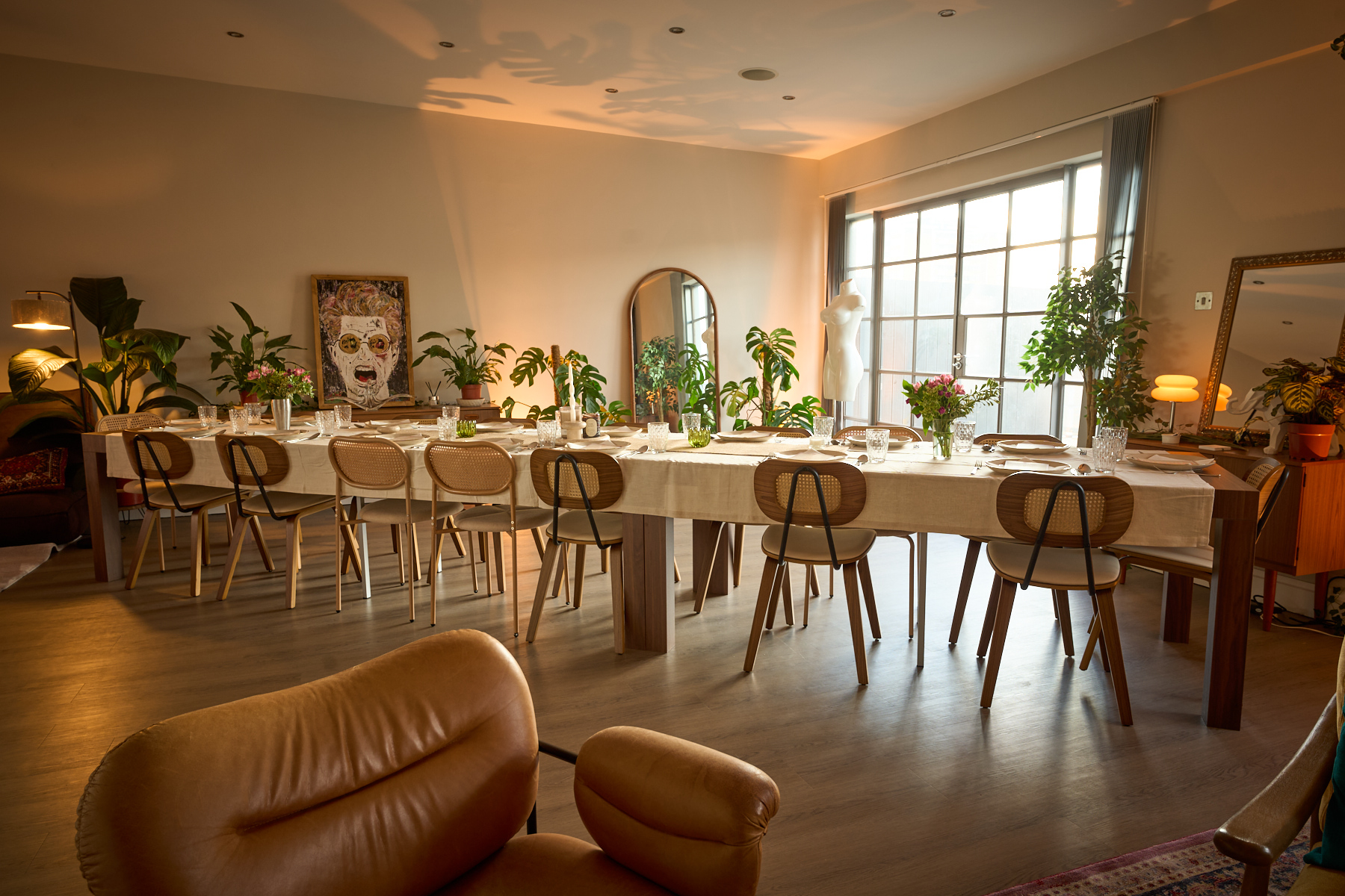 Dressed dinner table with settings for a private event at The Designer's Penthouse