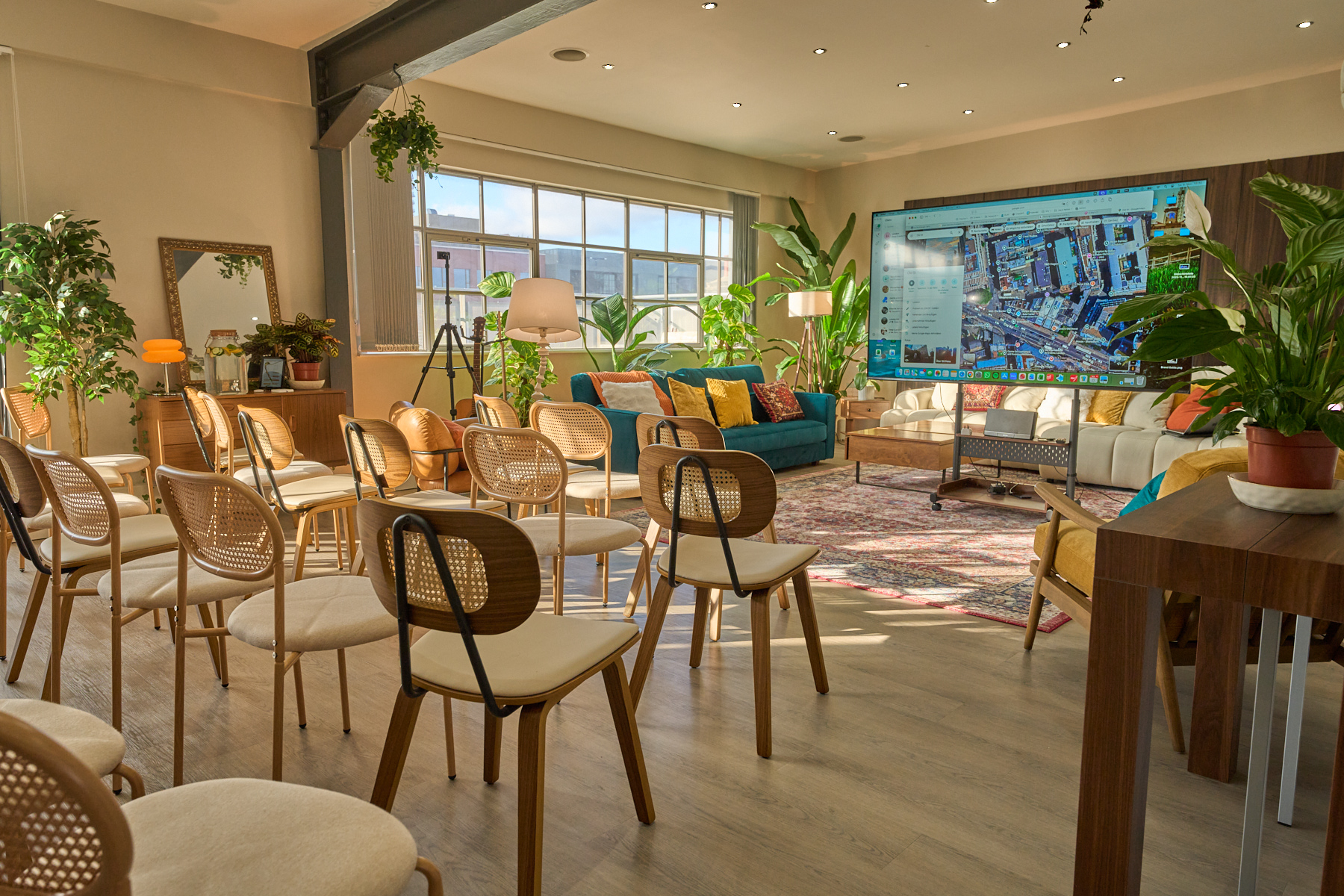 Workshop and off-site layout with presentation seating inside The Designer's Penthouse in Old Street, London