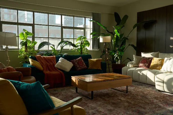 Bright living room in a Shoreditch penthouse with large windows and adaptable furniture for events.