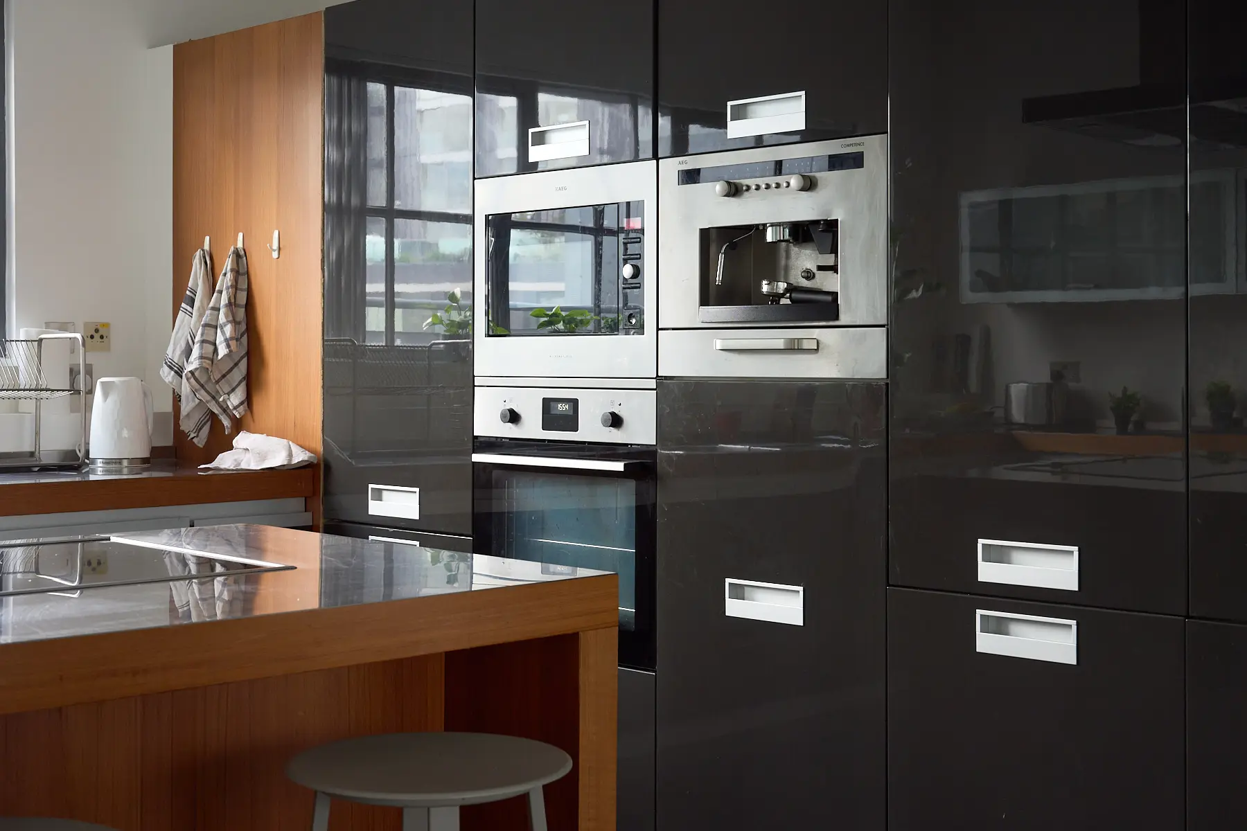 Professional kitchen area in a London penthouse designed for events, filming, and private dinners.