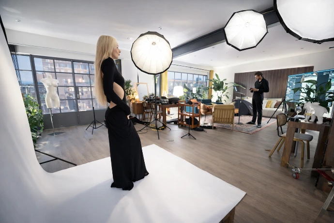 Professional photoshoot setup in a London penthouse, ideal for fashion, portraits, and video content.