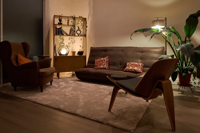 Creative production setup in a Shoreditch penthouse with lighting equipment and styled backdrop.