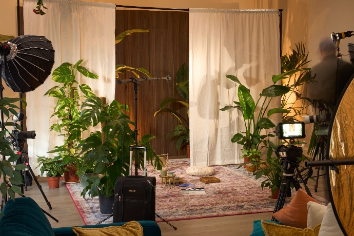 Filming setup in Shoreditch featuring plants, soft lighting, curtains and a warm atmosphere ideal for talks, filming or intimate gatherings.